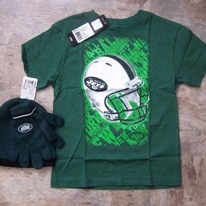 FOOTBALL NEW YORK JETS NFL Beanie Hat Gloves Set, Shirt Lot BOYS